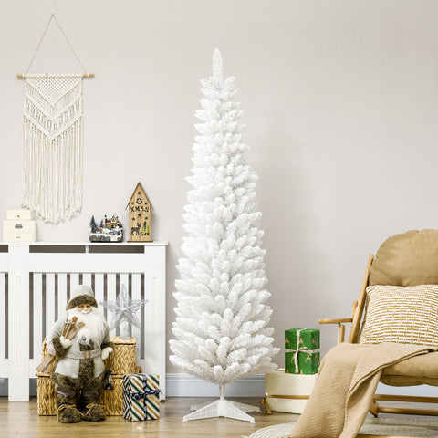 HOMCOM 6ft Snow Flocked Pencil Christmas Tree, Slim White Xmas Tree with Realistic Branches & Plastic Base for Indoor Home Decor. Easy Assembly & Storage.