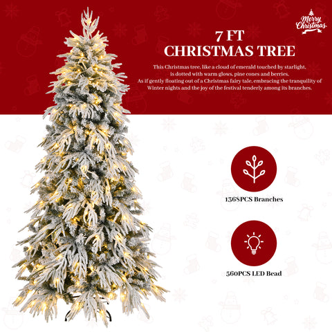7ft Slim Flocked Noble Christmas Tree, Pre-lit with 250 Warm White LEDs &amp; 767 Realistic PE/PVC Tips, White Pencil Artificial Tree for Small Spaces, Corners &amp; Apartments, Easy Assembly Home Decor
