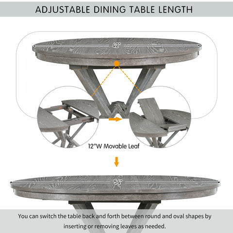 TREXM 5-Piece Extendable Round Dining Table Set for 4 - Vintage Grey Rubberwood & Linen Upholstered Chairs - 42"-54" Oval/Round Table for Kitchen, Dining Room, Living Room