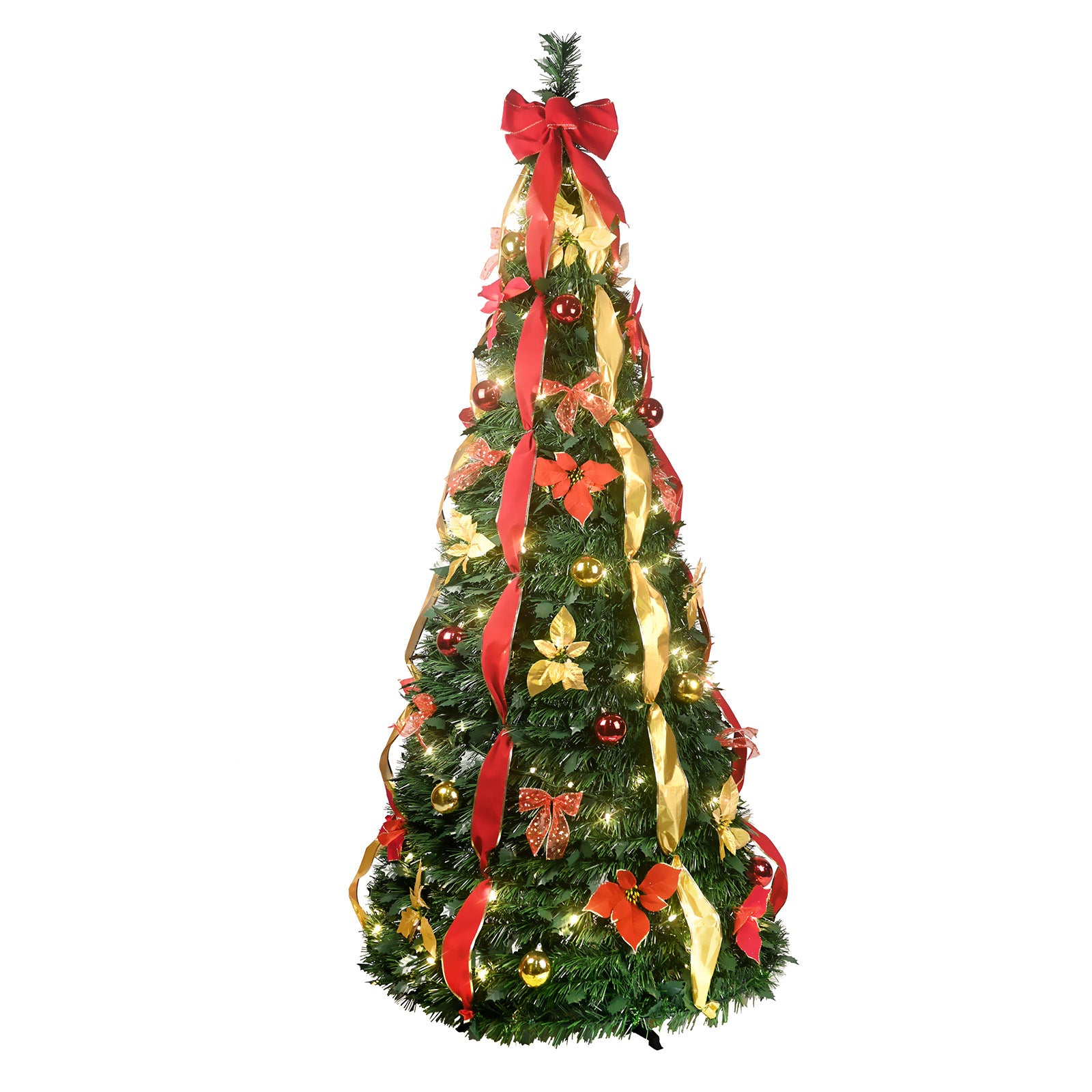 7.5FT Pop-Up Christmas Tree: Pre-Lit w/ 200 Warm White UL Lights, Fully Decorated Red &amp; Gold Ornaments, Flowers, Ribbons. Easy Assembly, Space-Saving Collapsible Holiday Decor for Homes &amp; Apartments.