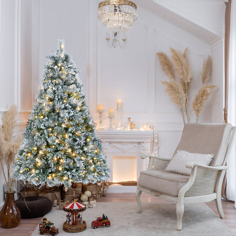 4FT Snow-Flocked Christmas Tree: Pine & Eucalyptus Mix, 150 Warm White LEDs, 404 Hinged Tips, Metal Stand - Realistic Snowy Artificial Tree for Cozy Holiday Decor