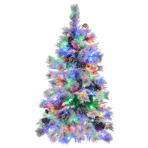 4FT Snow Flocked Spruce Christmas Tree | Mixed PE & PVC Branches, Pine Cones | 120 Multi-Color LED Lights, 11 Modes | Durable Metal Base | Festive Holiday Home Decor