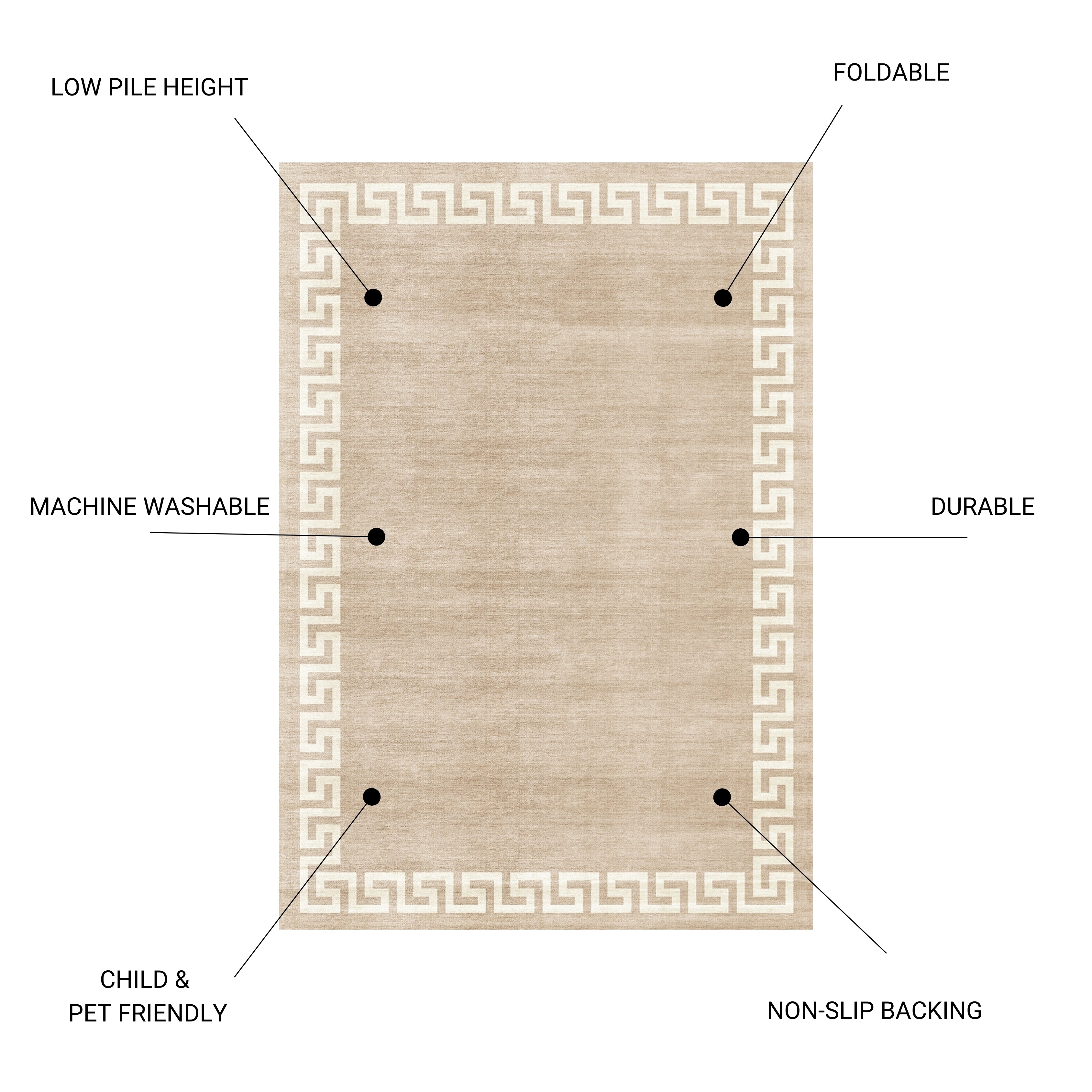 Toucan K5561-5A 5'x7' Washable Non-Slip Area Rug | Durable Polyester Beige Rug for Living Room, Bedroom, Entryway | Low Pile, Pet-Friendly, Easy Care