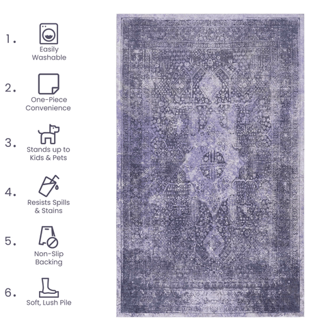 MAVAL Anthracite Washable Rug 3x5 ft - Soft Chenille Boho Area Rug for Living Room, Bedroom, Hallway - Non-Slip, Stain-Resistant, Easy Clean, Low Pile - Turkish Made Polyester