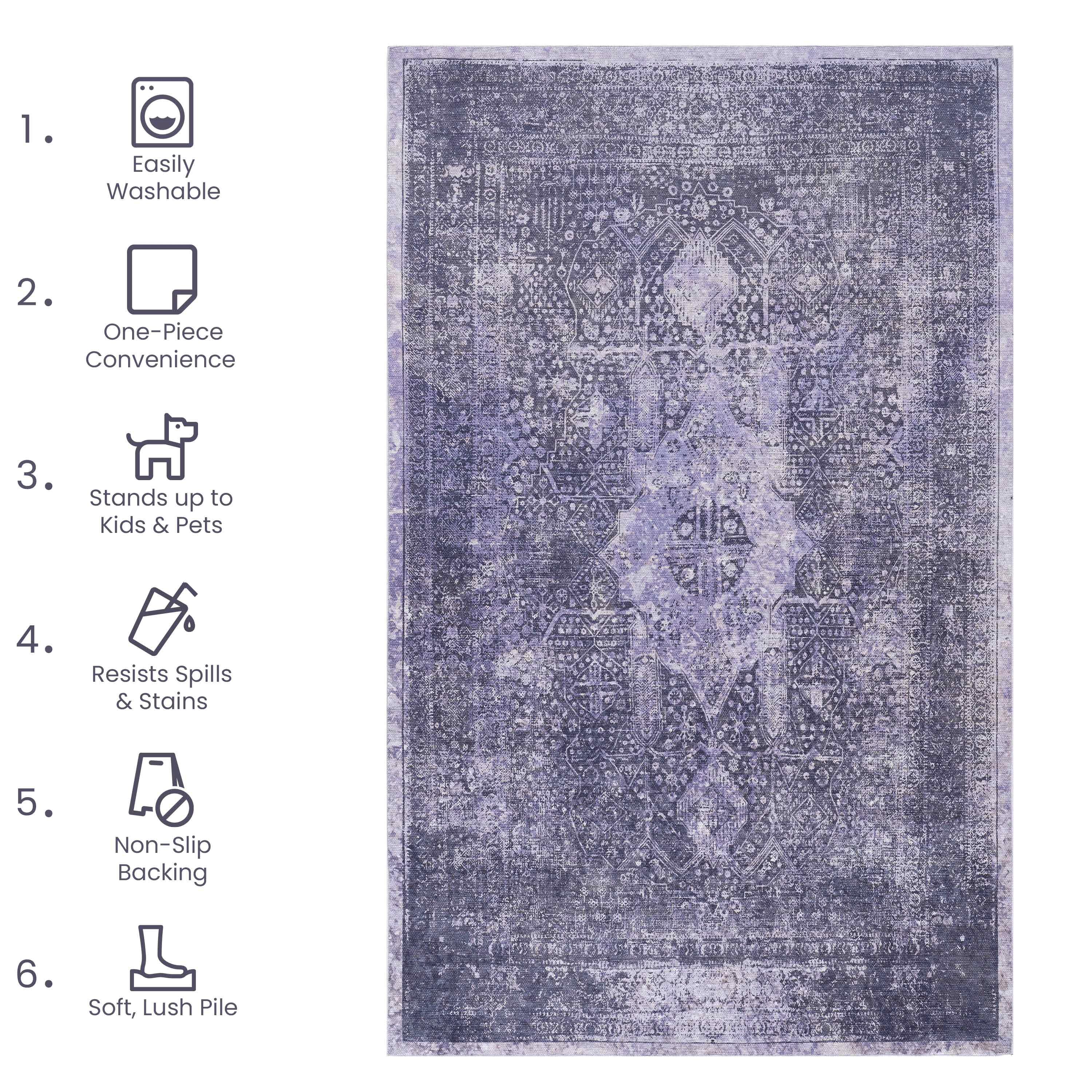 MAVAL Anthracite Washable Rug 6x9 | Soft Chenille Polyester Area Rug | Non-Slip, Stain-Resistant | Low Pile for Living Room, Dining, Bedroom, Hallway, Kitchen, Playroom | Easy Clean Home Decor