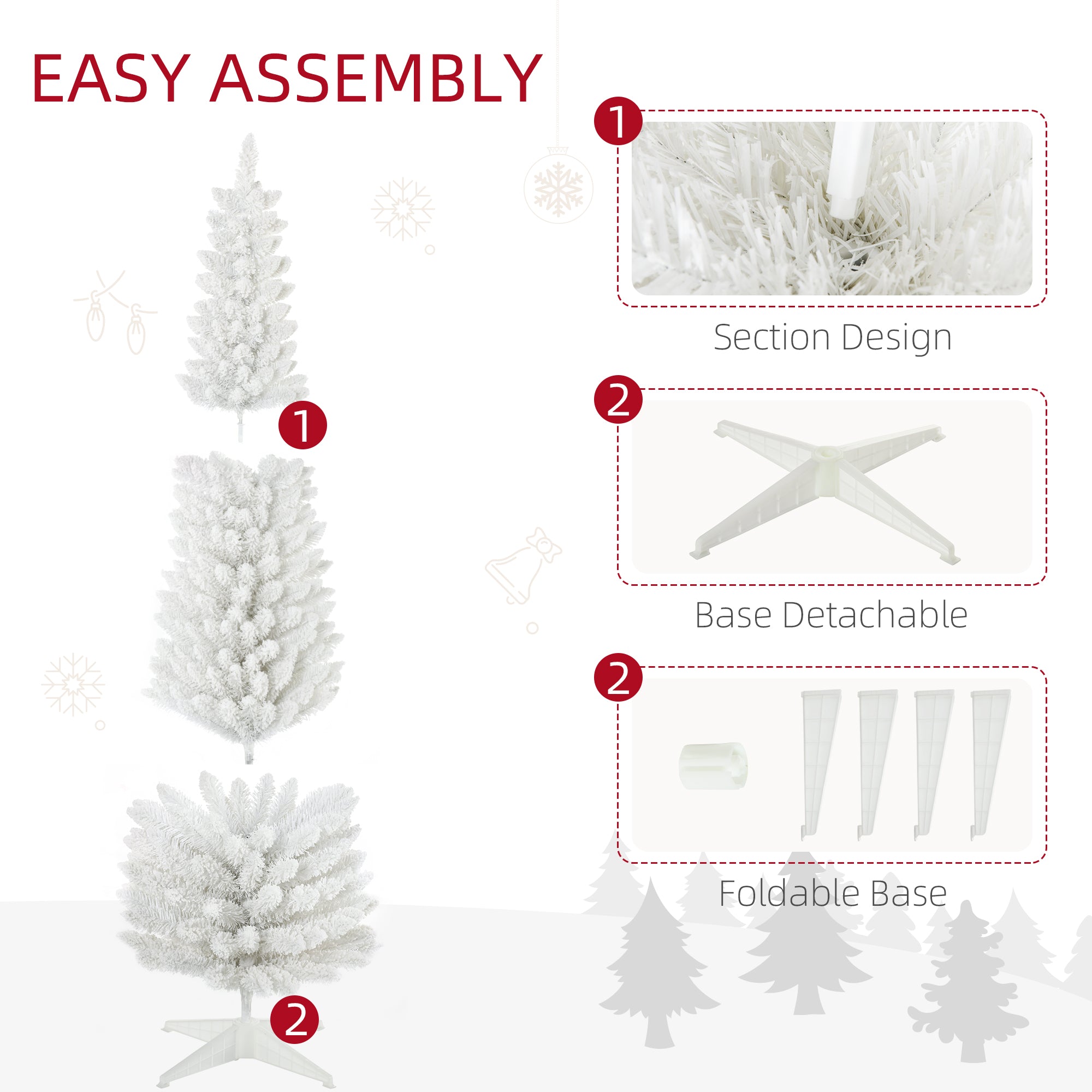 HOMCOM 6ft Snow Flocked Pencil Christmas Tree, Slim White Xmas Tree with Realistic Branches & Plastic Base for Indoor Home Decor. Easy Assembly & Storage.