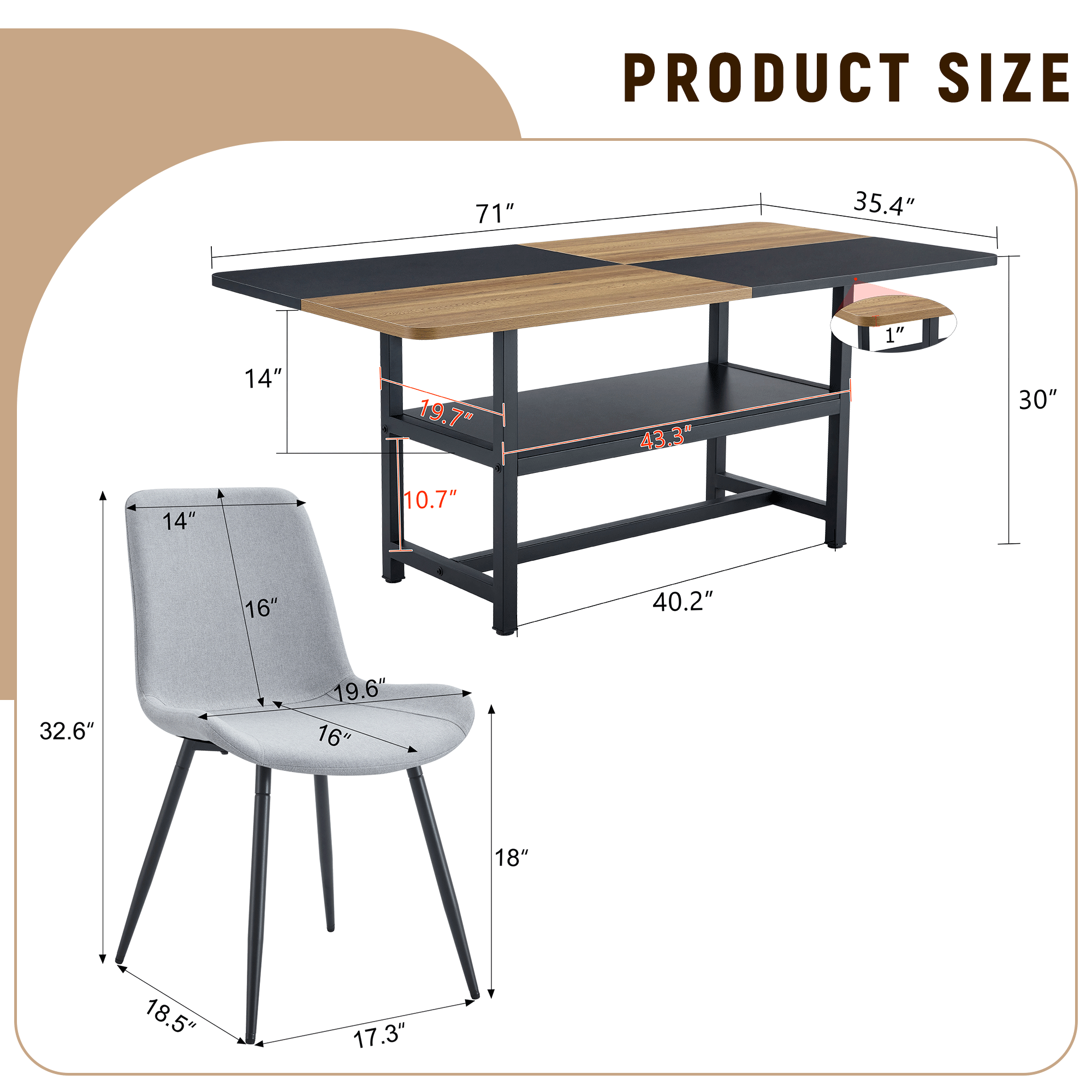 71" Wooden &amp; Black Spliced Dining Table Set with 8 Light Gray Linen Chairs - 30"H Table w/ Storage Shelf, Ergonomic Cushions for Dining Room, Kitchen &amp; Parties