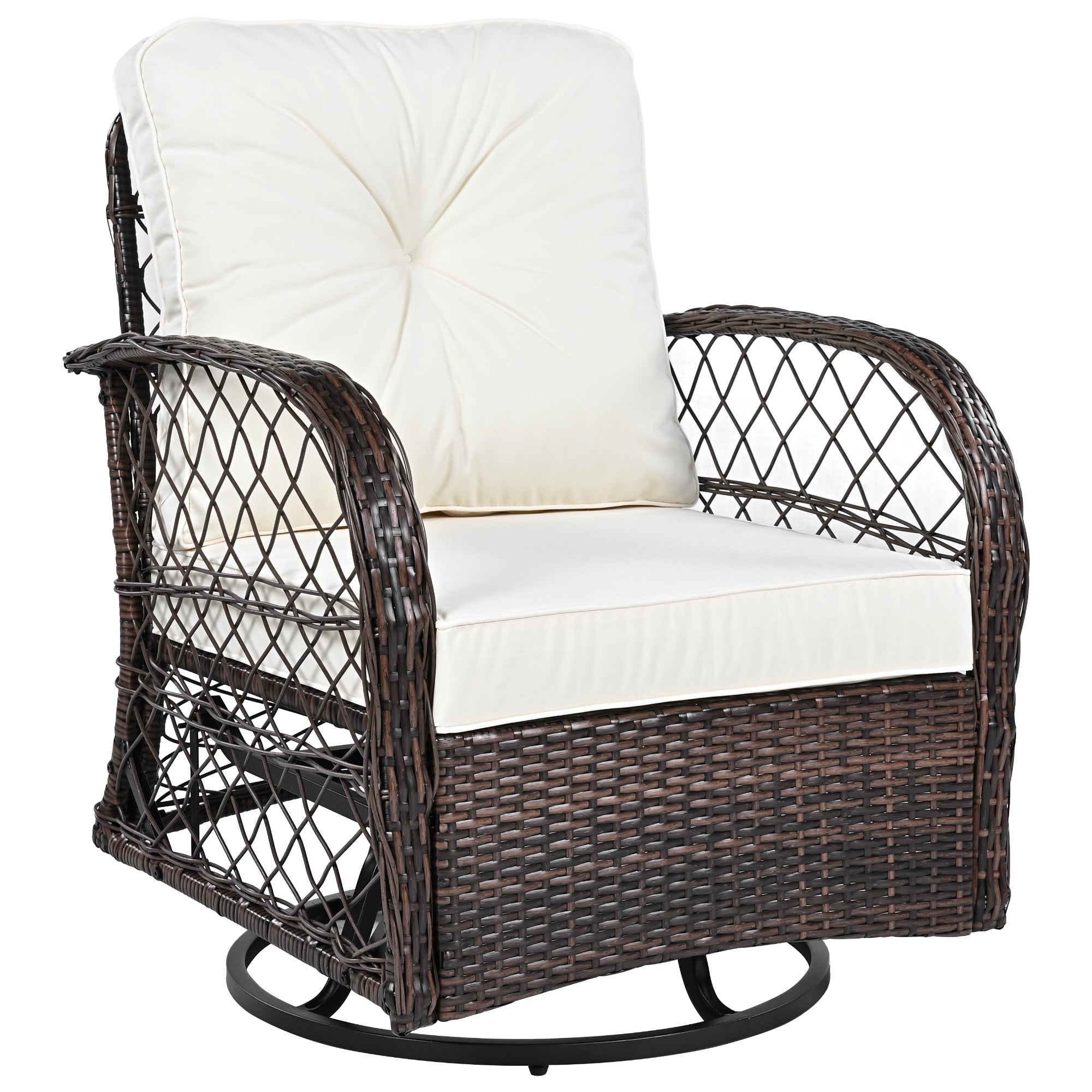 3-Piece Brown Rattan Outdoor Chat Set: 2 Swivel Rocker Chairs &amp; Glass Top Table for Garden Patio Balcony, Weather-Resistant Wicker Seating Group with Cushions