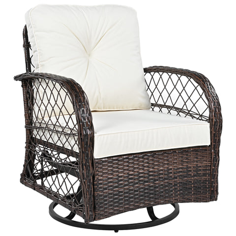 3-Piece Brown Rattan Outdoor Chat Set: 2 Swivel Rocker Chairs &amp; Glass Top Table for Garden Patio Balcony, Weather-Resistant Wicker Seating Group with Cushions