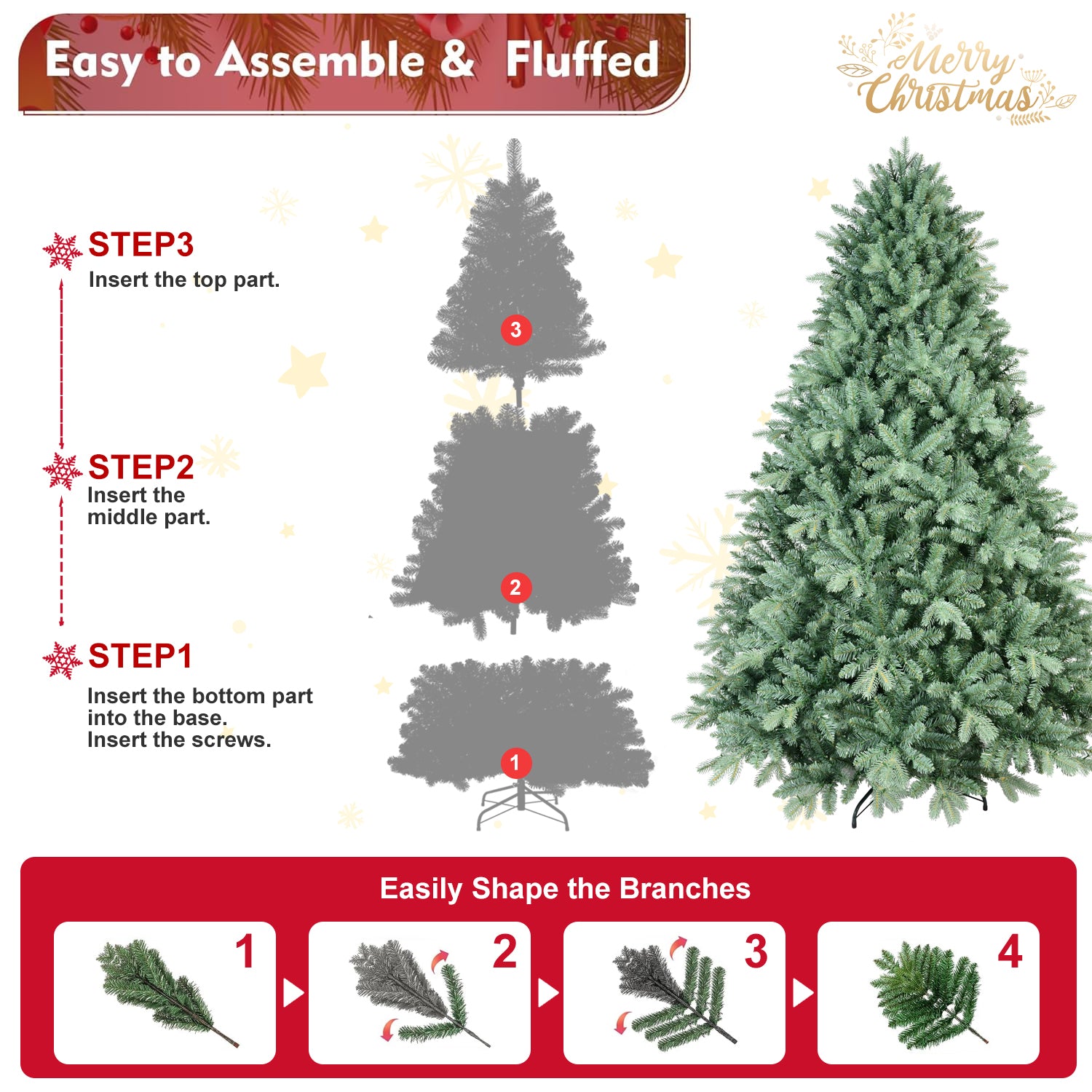 9FT Blue-Green Tint Christmas Tree: 4368 PE+PVC Tips, Full-Bodied with Hinged Branches, Easy Assembly, Stable Metal Stand, Stunning Holiday Decor for Living Room &amp; Home