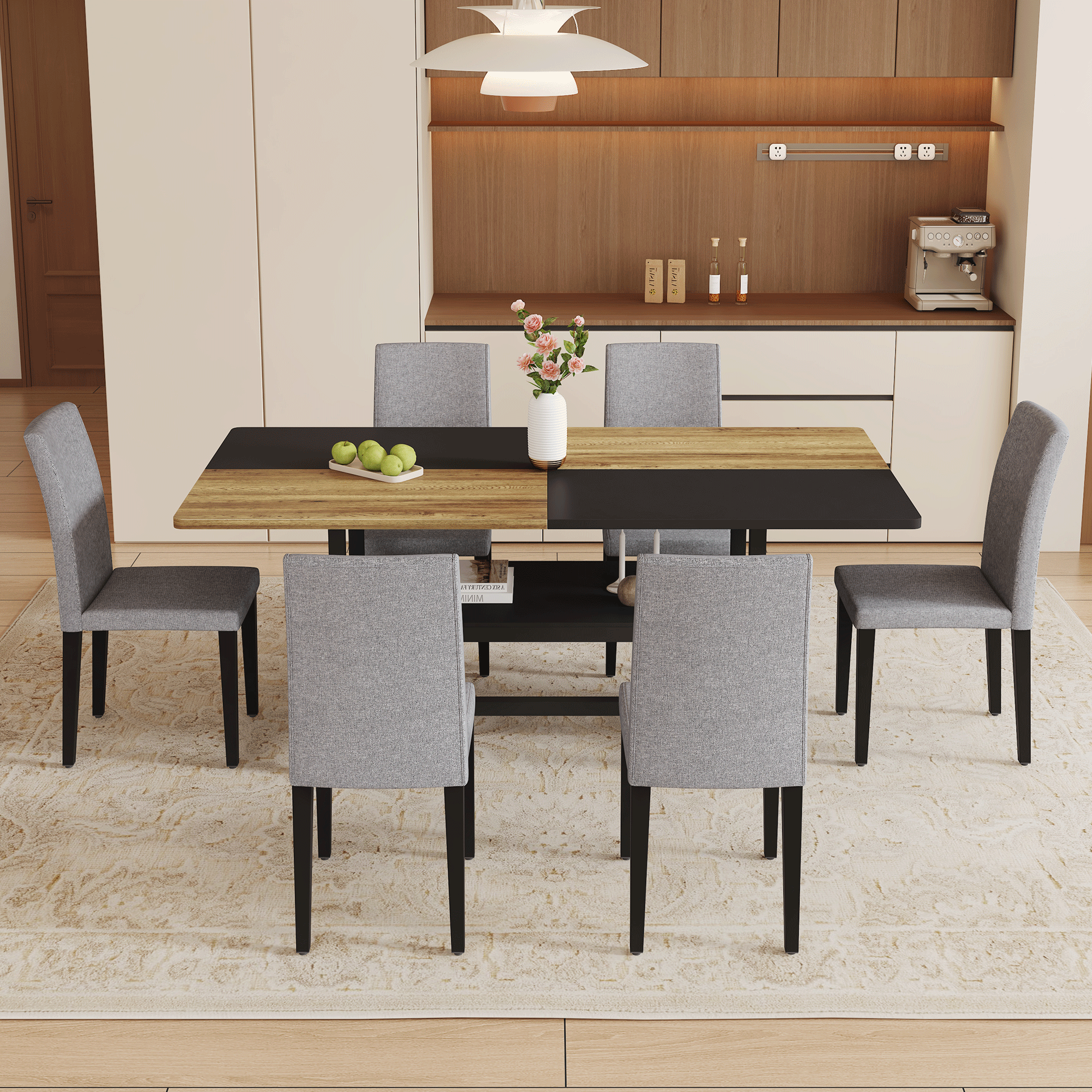 71" Wooden & Black Spliced Dining Table Set with Storage, Seats 6, Paired with Light Gray Linen-Cotton Chairs - Perfect for Kitchen, Dining Room, Home Gatherings