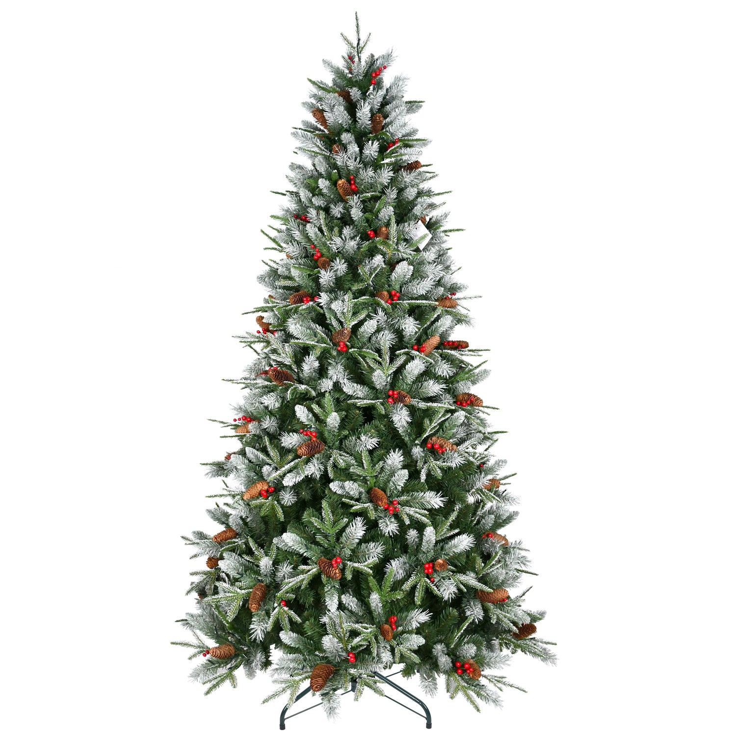 7.5FT Snow-Dusted Christmas Tree: 2514 Tips, Red Berries &amp; Pine Cones. Hinged PE+PVC Branches, Full Natural Look, Sturdy Metal Stand. Perfect for Indoor Holiday Home Decor