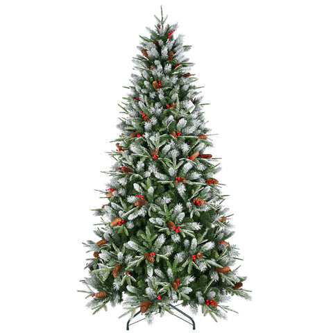 9FT Snow-Dusted Christmas Tree: 3750 Tips, Red Berries & Pine Cones - Hinged PE/PVC Branches, Metal Stand, Full Natural Holiday Decor for Indoor/Outdoor Festive Ambiance