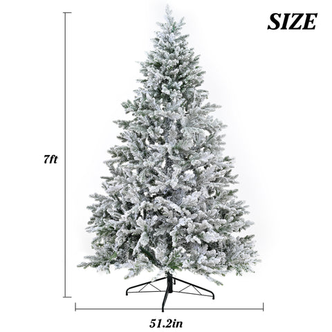 Premium 7ft Snow Flocked Hinged Artificial Spruce Christmas Tree - Realistic White Snow Tips, PE+PVC, Sturdy Metal Stand for Home, Office, Party Decor