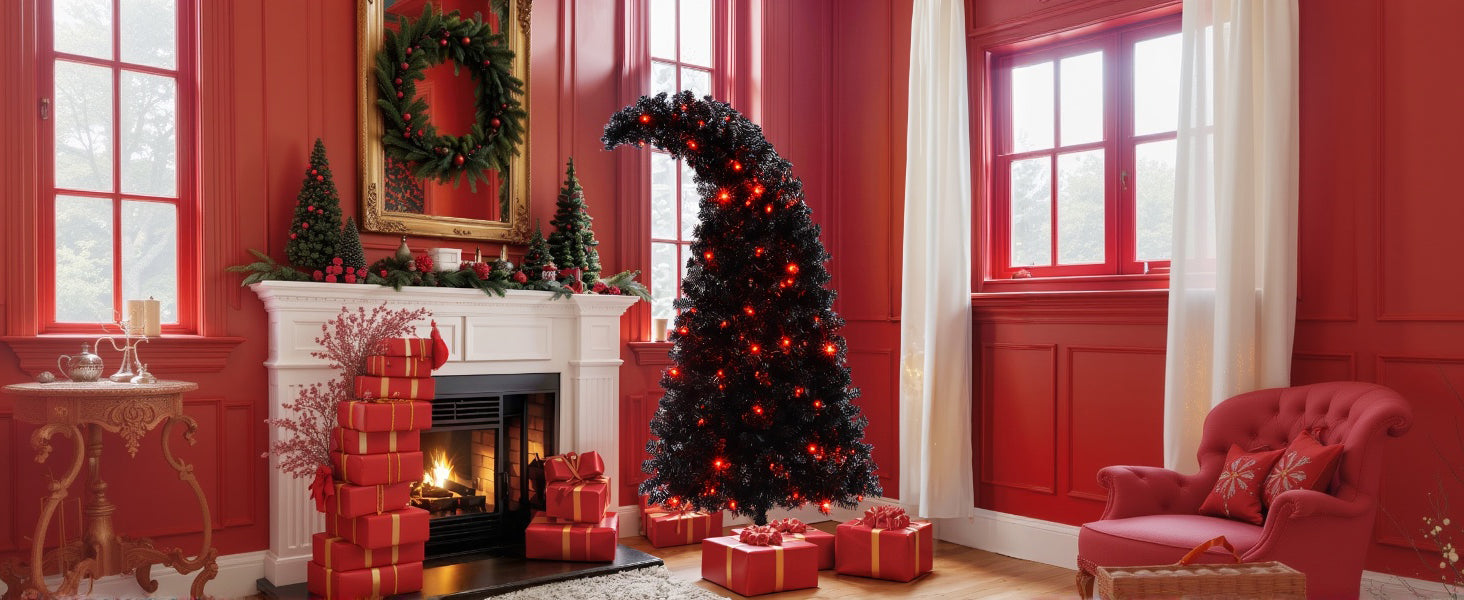 6ft Black Artificial Christmas Tree with LED Lights: Whimsical Hat-Shaped, 900 PET Tips, 250 Orange/Purple Lights, Hinged Branches, Metal Stand for Indoor Holiday Decor