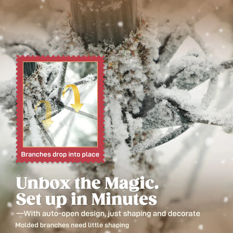 9ft Flocked Spruce Christmas Tree - Realistic Snow-Dusted Artificial Tree, 2514 Tips, 57" Wide, Hinged Branches, Metal Stand, Fire-Retardant Green & White for Festive Home Decor