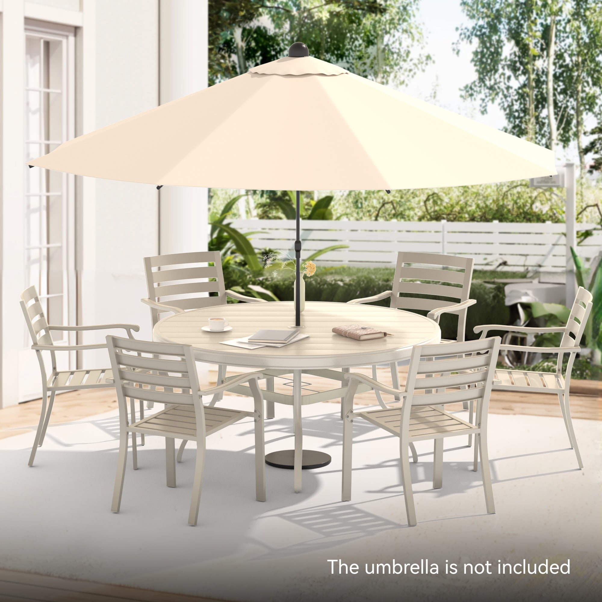 7-Piece Outdoor Patio Dining Set: 53" Round Metal Table & 6 Stackable Sandstone Chairs for Garden, Lawn, Backyard Deck - Durable, Weather-Resistant, Casual Style