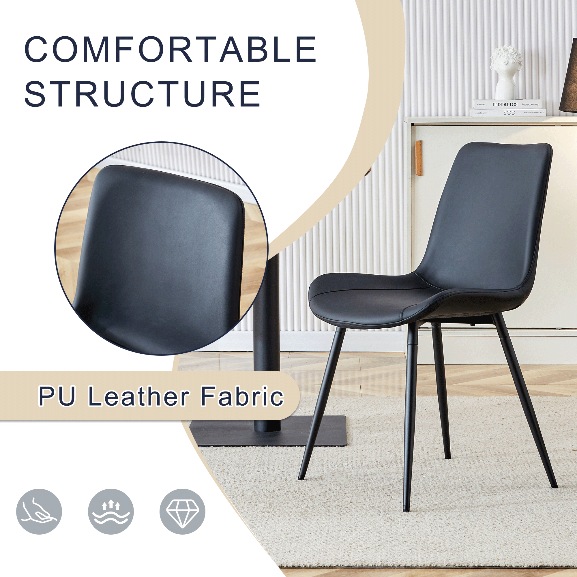 Table and chair set.A minimalist retro rectangular dining table with a specially textured top and black metal legs.Paired With 4 Black Artificial PU Chairs With Curved Widened Cushion Design.