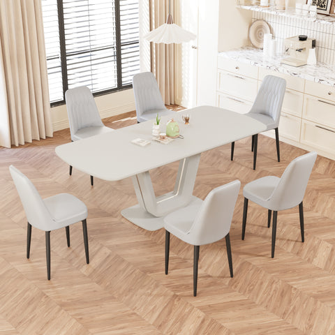 Expandable 62.99"-78.74" Dining Table Set for 2-8, Gray MDF &amp; PU Fabric, 6 Padded Chairs with U-Legs for Kitchen, Dining Room, Living Room, Modern Farmhouse Style