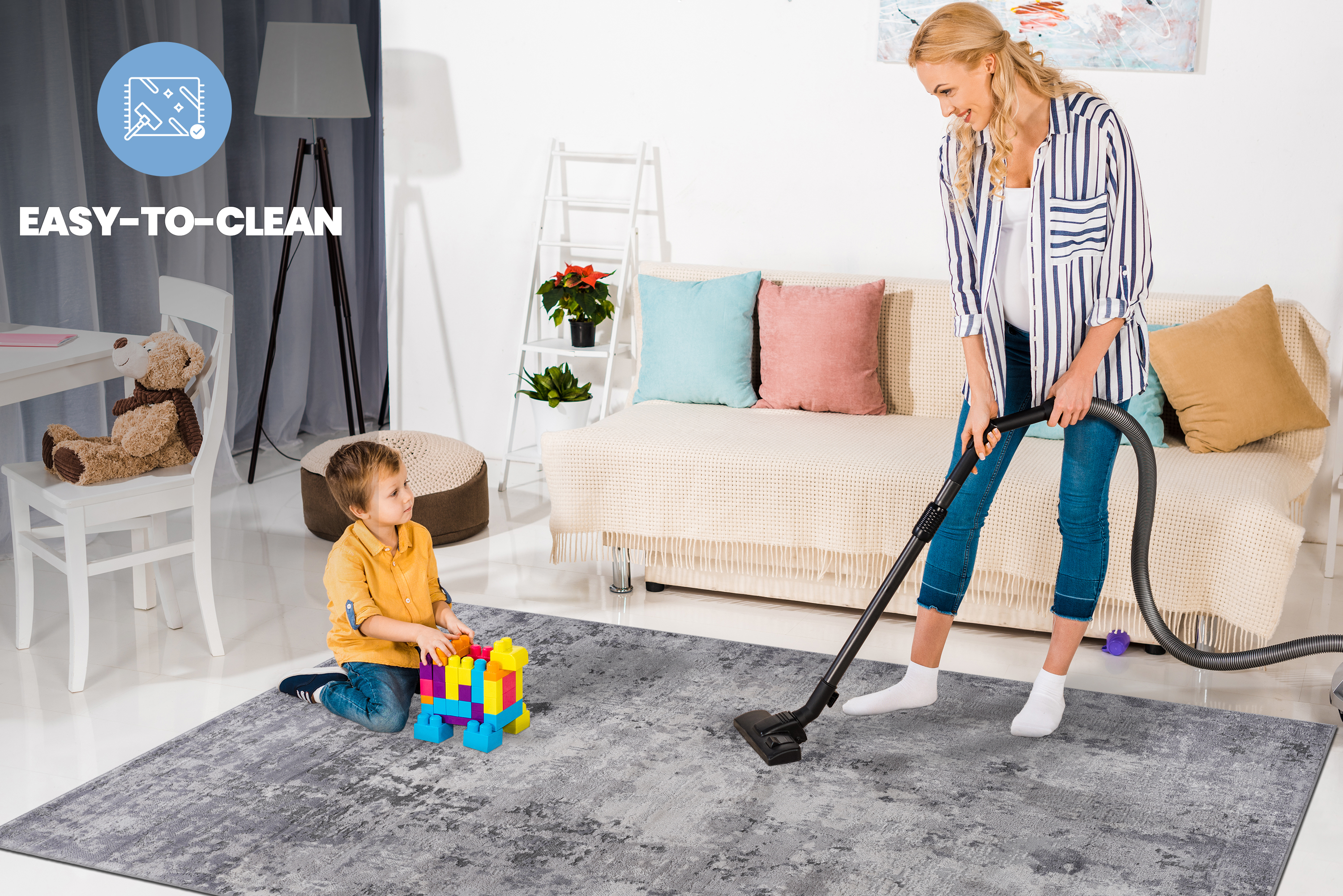 MARFI Collection 2'x8' Light Grey Abstract Runner Rug - Stain Resistant, Non-Shedding Polyester for Entryway, Hallway, Kitchen, Office - Durable, Easy Care, 0.35" Pile