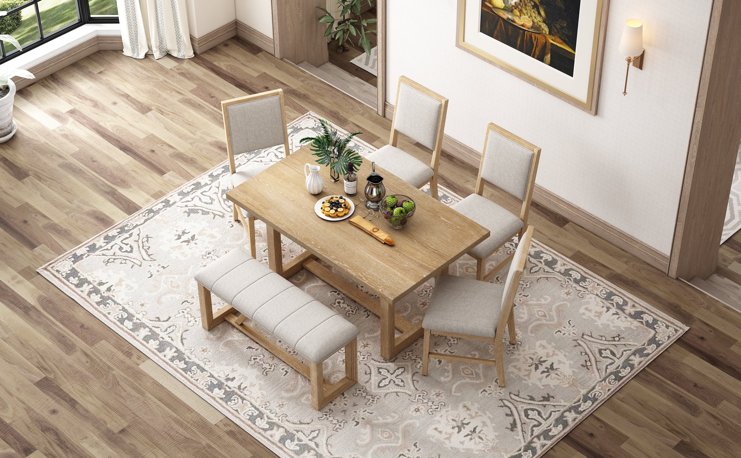 TREXM 6-Piece Retro Dining Table Set for 6, 60" Oak Veneer Wood Kitchen Table & 4 Chairs with Upholstered Bench, Natural Finish, Dining Room & Kitchen Use, Durable Rubberwood Legs