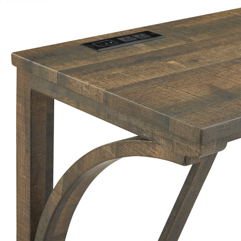 Industrial 4-Piece Bar Table Set with Power Outlet - Rustic Wood Grain Dining Table &amp; Comfy Linen Stools (59"x19"x36") - Space-Saving Breakfast Nook for Living Room, Game Room