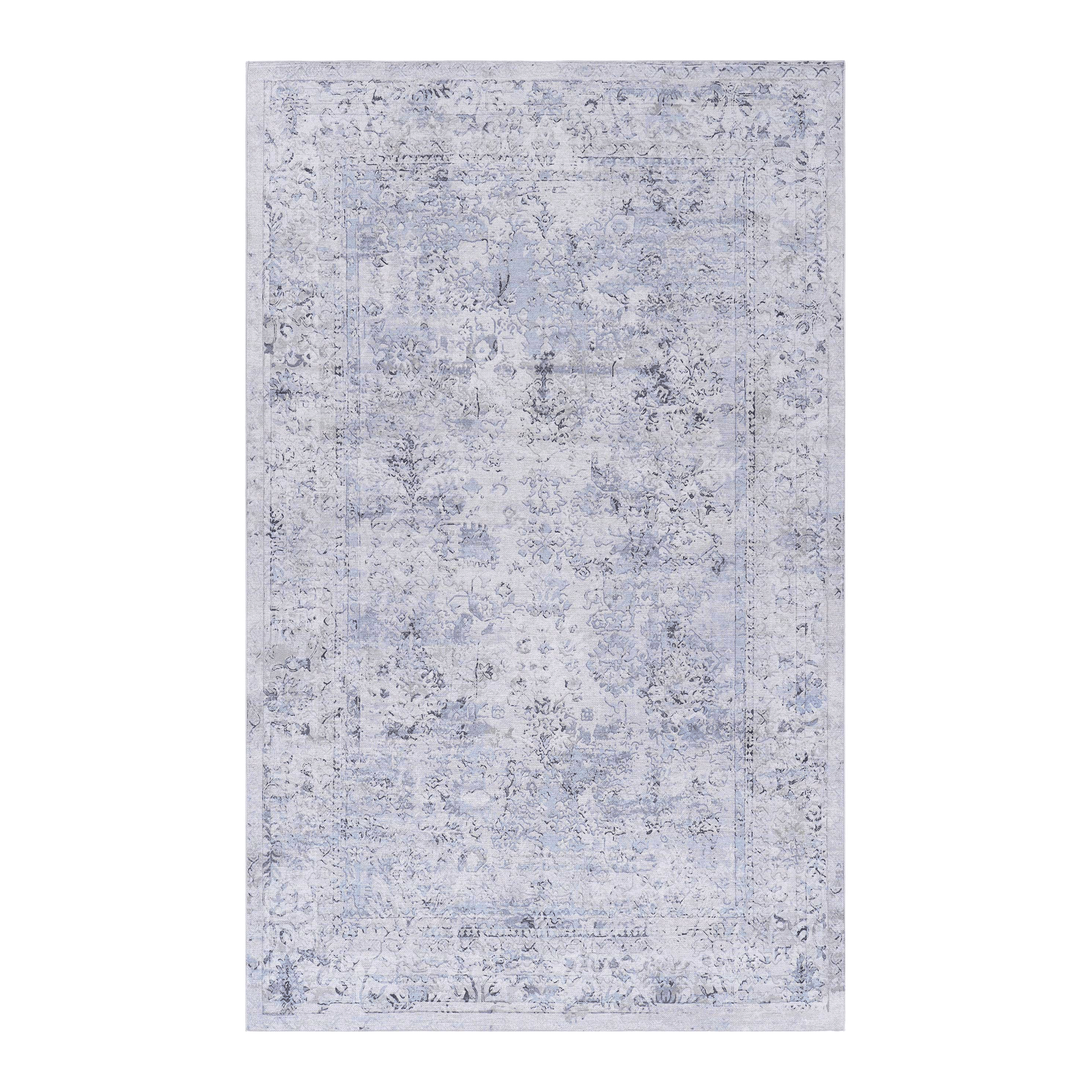 MAVAL Blue Washable Rug 8x10 Area Rug | Soft Chenille Polyester | Non-Slip, Stain-Resistant | Living Room, Bedroom, Hallway | Blue+Cream | Easy Clean, Pet Friendly