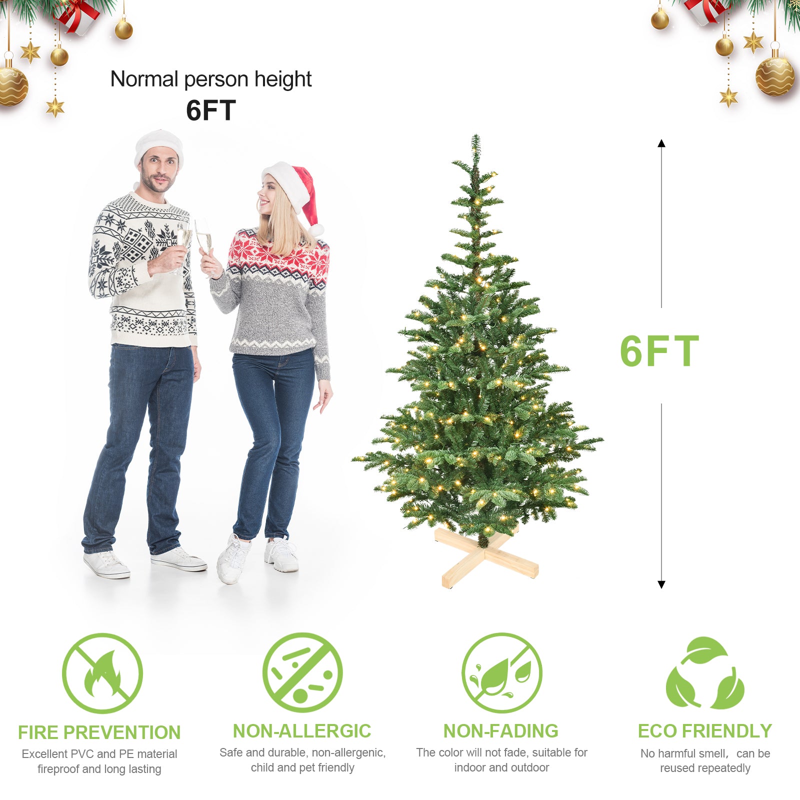 5ft Pre-Lit Christmas Tree: 403 PE/PVC Tips, 200 Warm White LEDs, Rustic Wooden Base. Realistic Layered Artificial Holiday Decor for Cozy Home Spaces. Easy Assembly.