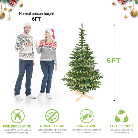 6ft Pre-Lit Artificial Christmas Tree | 611 PE+PVC Tips, 300 Warm White LEDs | Rustic Wooden Base | Realistic Layered Green Holiday Decor for Home