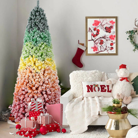 7.5ft Rainbow Gradient Flocked PVC Christmas Tree | 1927 Tips, Full-Bodied Artificial Pine | Snowy Finish, Hinged Design | Sturdy Metal Stand for Festive Home & Holiday Decor