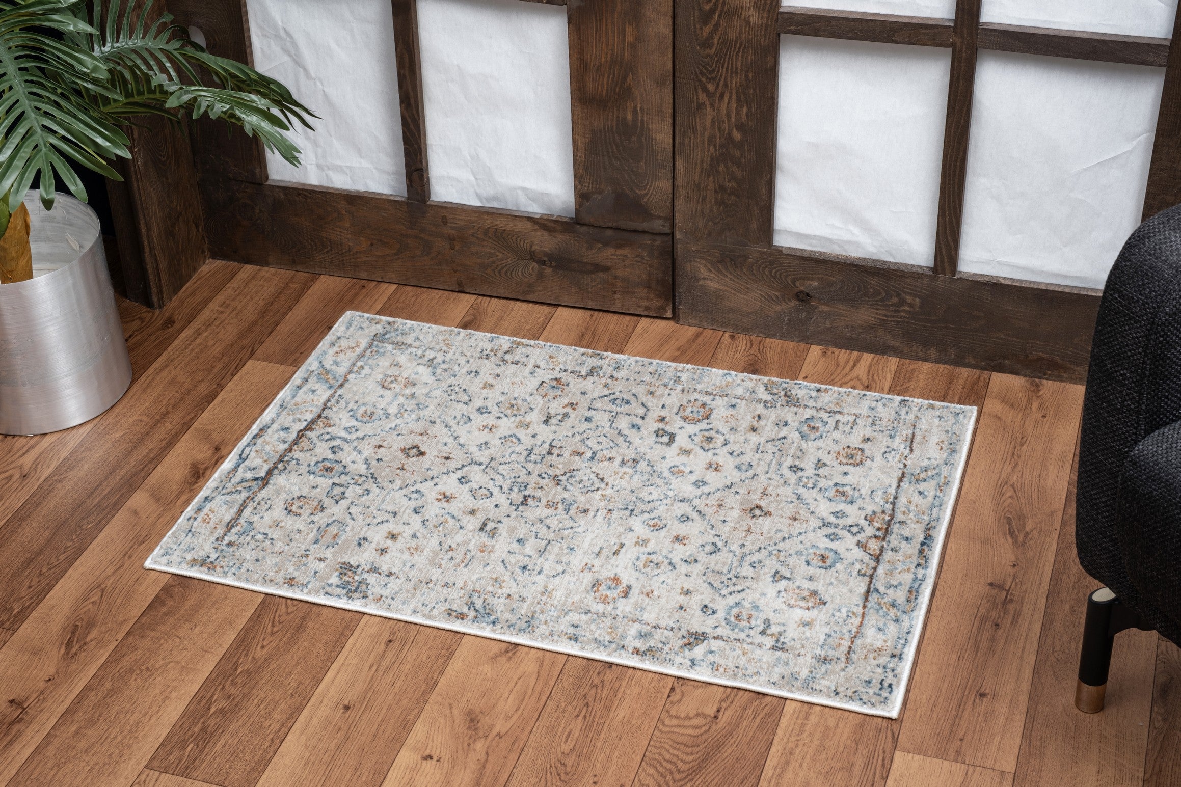 Noble GC_GEN7002 Ivory 2.6 ft x 7.2 ft Polyester Area Rug - Medallion Pattern, Stain-Resistant, Low Pile for Entryways &amp; High Traffic Areas, Made in Turkey