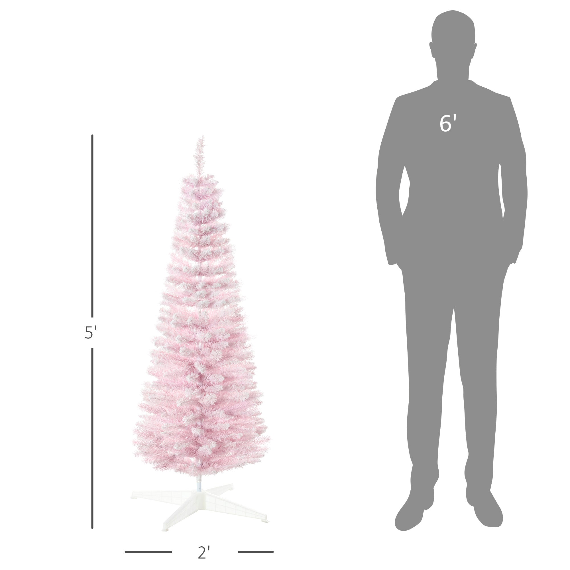 HOMCOM 5' Pink Snow Flocked Pencil Christmas Tree - Slim, Realistic Artificial Xmas Tree with Flame-Retardant Plastic Base for Indoor Holiday Decoration