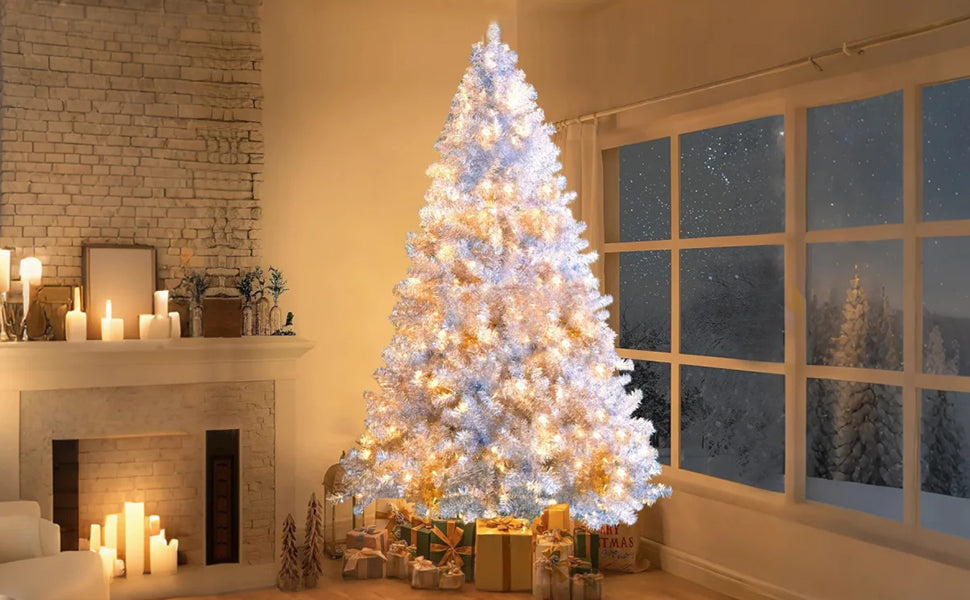 7.4FT Silver Hinged Artificial Christmas Tree with 400 LED Lights, 1200 Full Branch Tips, 11 Modes, Durable PVC, Metal Stand for Indoor/Outdoor Holiday Decor