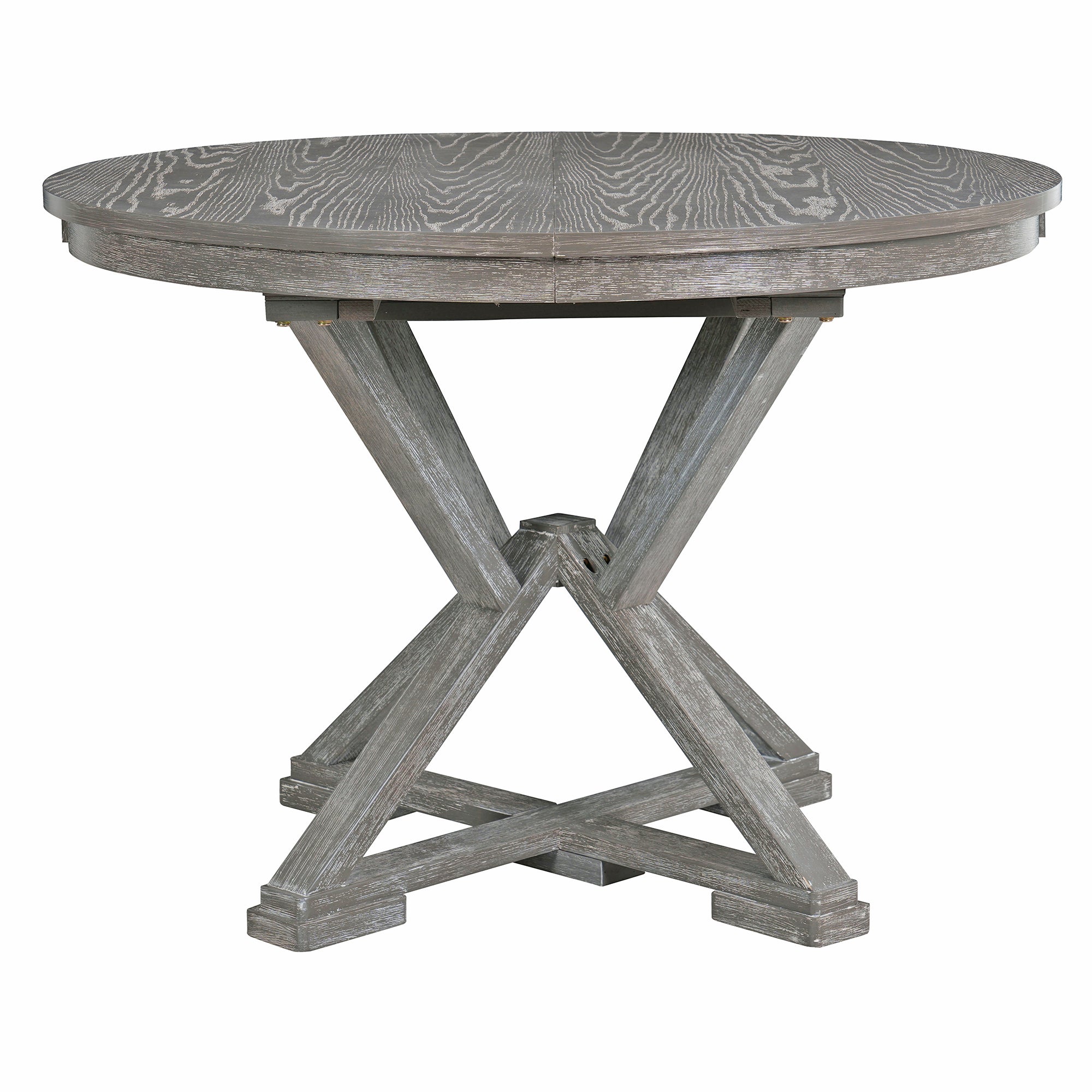 TREXM 5-Piece Extendable Round Dining Table Set for 4 - Vintage Grey Rubberwood & Linen Upholstered Chairs - 42"-54" Oval/Round Table for Kitchen, Dining Room, Living Room