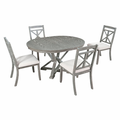 TREXM 5-Piece Extendable Round Dining Table Set for 4 - Vintage Grey Rubberwood & Linen Upholstered Chairs - 42"-54" Oval/Round Table for Kitchen, Dining Room, Living Room
