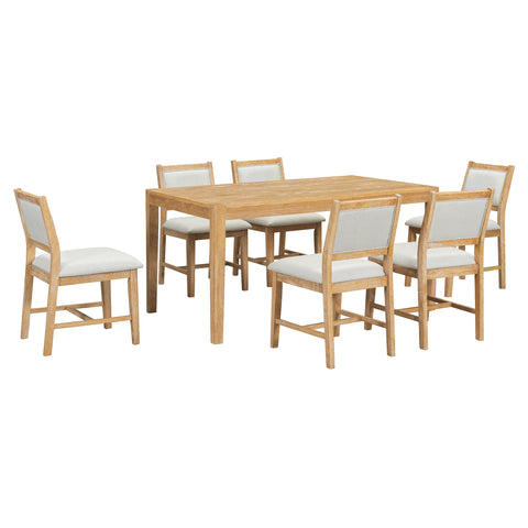TREXM 7-Piece Retro Rectangular Wood Dining Table Set for 6 - Natural Oak Veneer & MDF with Upholstered Foam Chairs - Spacious Kitchen & Dining Room Furniture - Durable Solid Wood Legs