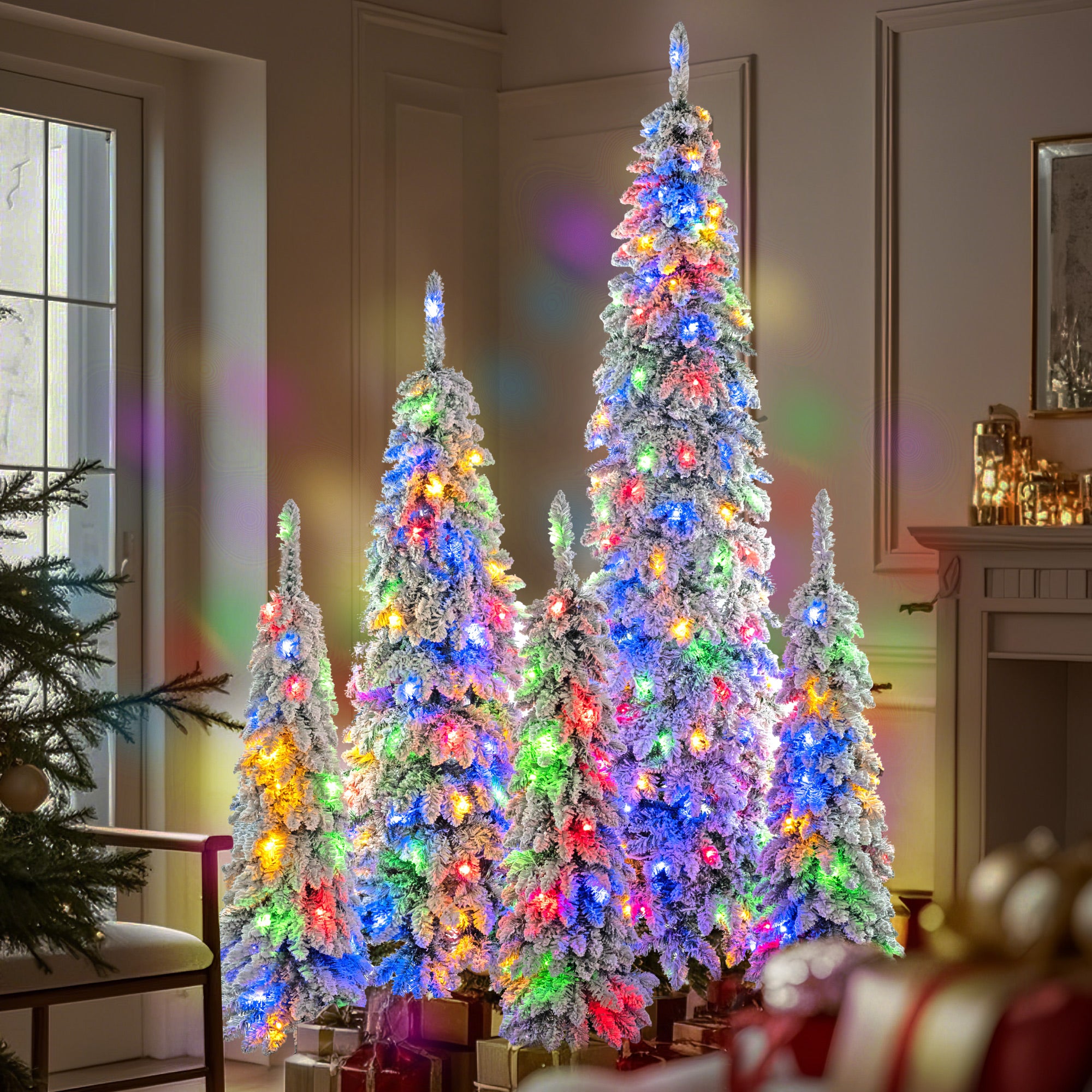 5-Set Pre-Lit Pencil Christmas Trees: 8ft, 6ft, 4ft Slim Artificial Trees w/ Snow Flocking, 350 LED Lights, 11 Modes, Realistic PVC, Indoor Holiday Decor