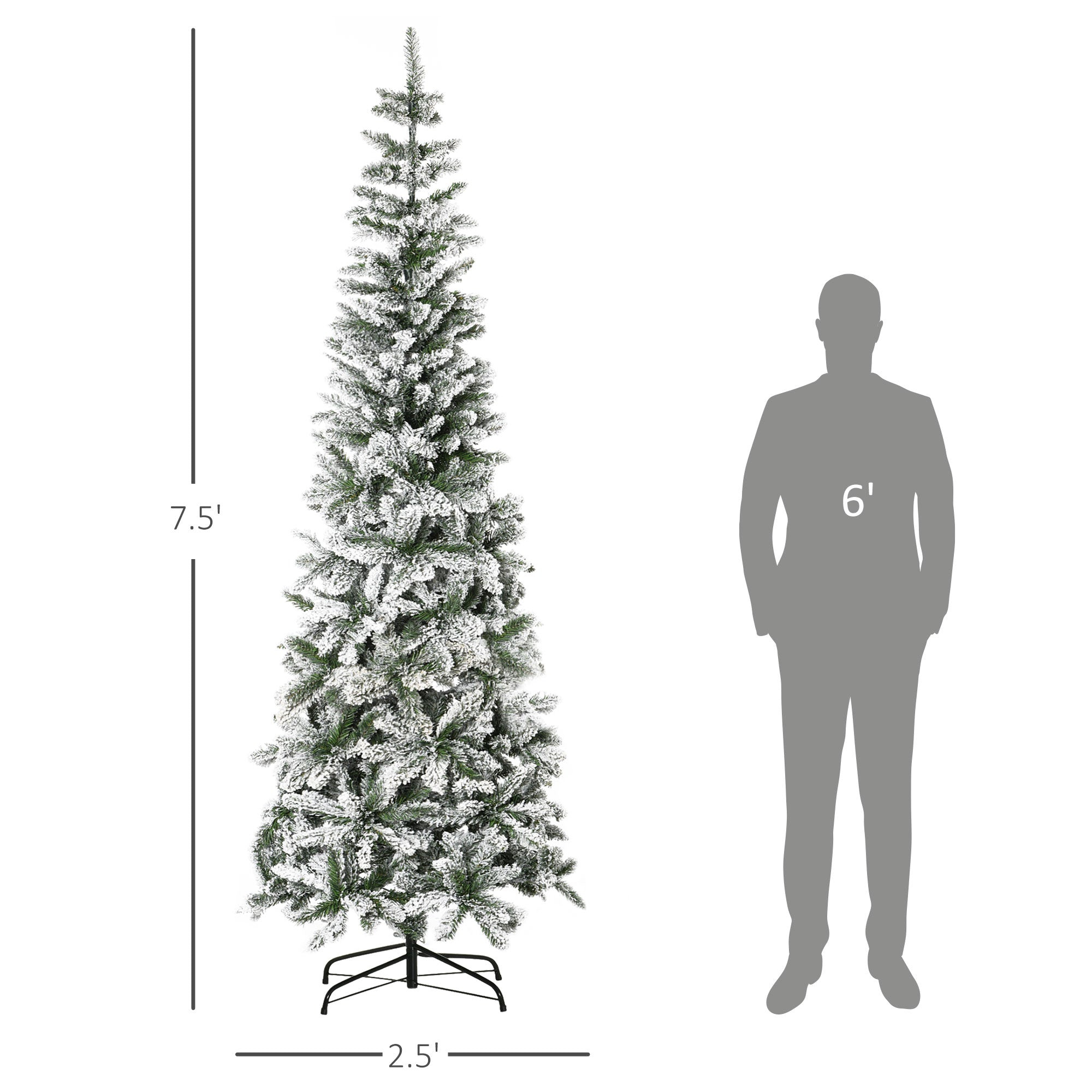 HOMCOM 7.5ft Snow-Flocked Slim Pine Artificial Christmas Tree | Realistic PVC Branches, 668 Tips | Indoor Holiday Decor, Living Room, Holiday Parties | Easy Setup, Sturdy Steel Base, Green