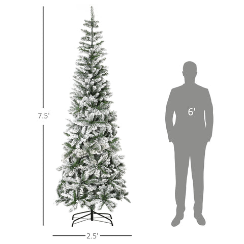 HOMCOM 7.5ft Snow-Flocked Slim Pine Artificial Christmas Tree | Realistic PVC Branches, 668 Tips | Indoor Holiday Decor, Living Room, Holiday Parties | Easy Setup, Sturdy Steel Base, Green