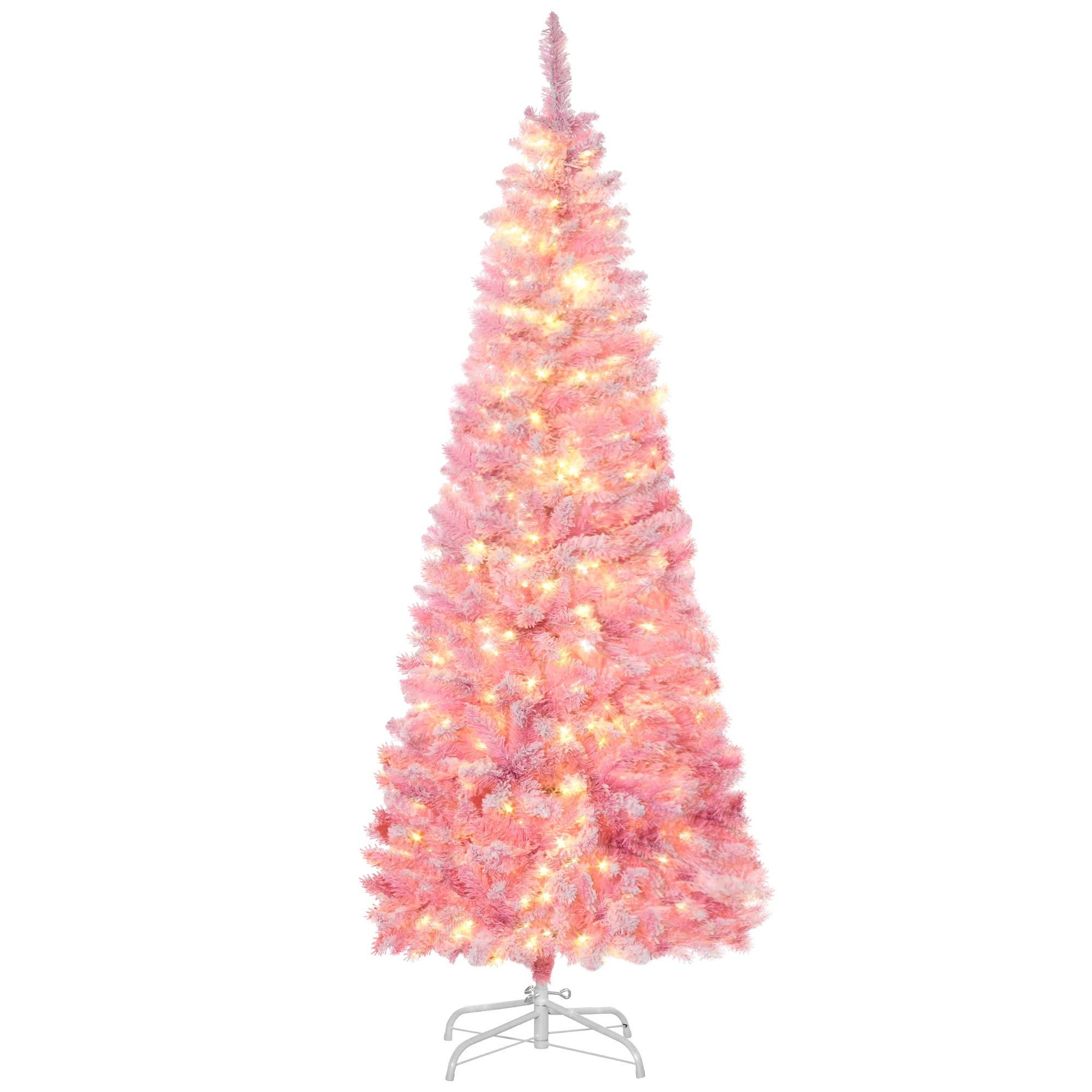 HOMCOM 6ft Pink Snow Flocked Pencil Christmas Tree | Realistic Pine Branches, Warm White LEDs, Auto Open | Indoor Holiday Decor