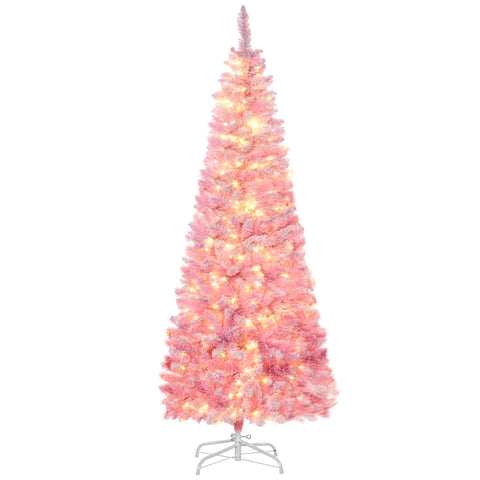HOMCOM 6ft Pink Snow Flocked Pencil Christmas Tree | Realistic Pine Branches, Warm White LEDs, Auto Open | Indoor Holiday Decor