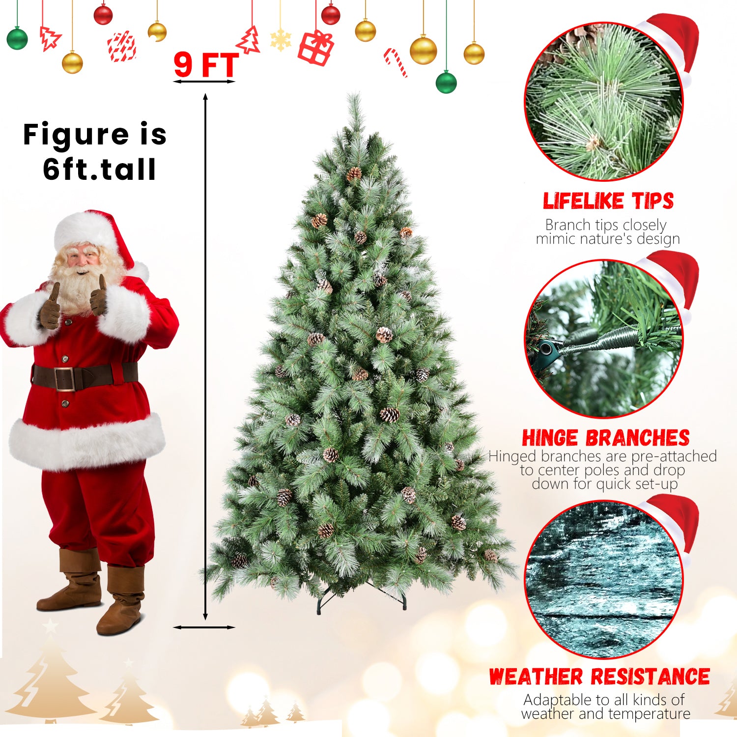 5FT Realistic Green Christmas Tree with 694 Mixed PVC & Hard Needle Tips, 51 Pine Cones, Hinged Design for Easy Setup, Sturdy Metal Stand - Full Holiday Decor for Home, Living Room, Indoor Use