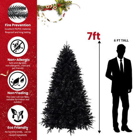 5ft Black Artificial Christmas Tree with 250 White LED Lights &amp; 1076 PE+PVC Tips. Hinged &amp; Easy Setup. Stable Metal Stand for Halloween &amp; Holiday Decor.