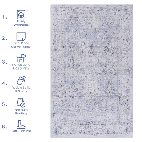 MAVAL Blue Cream Washable Rug 2'x3' | Soft Chenille Polyester Doormat | Non-Slip, Stain-Resistant Area Rug for Living Room, Kitchen, Hallway, Entryway | Easy Care, Low Pile Turkish Rug