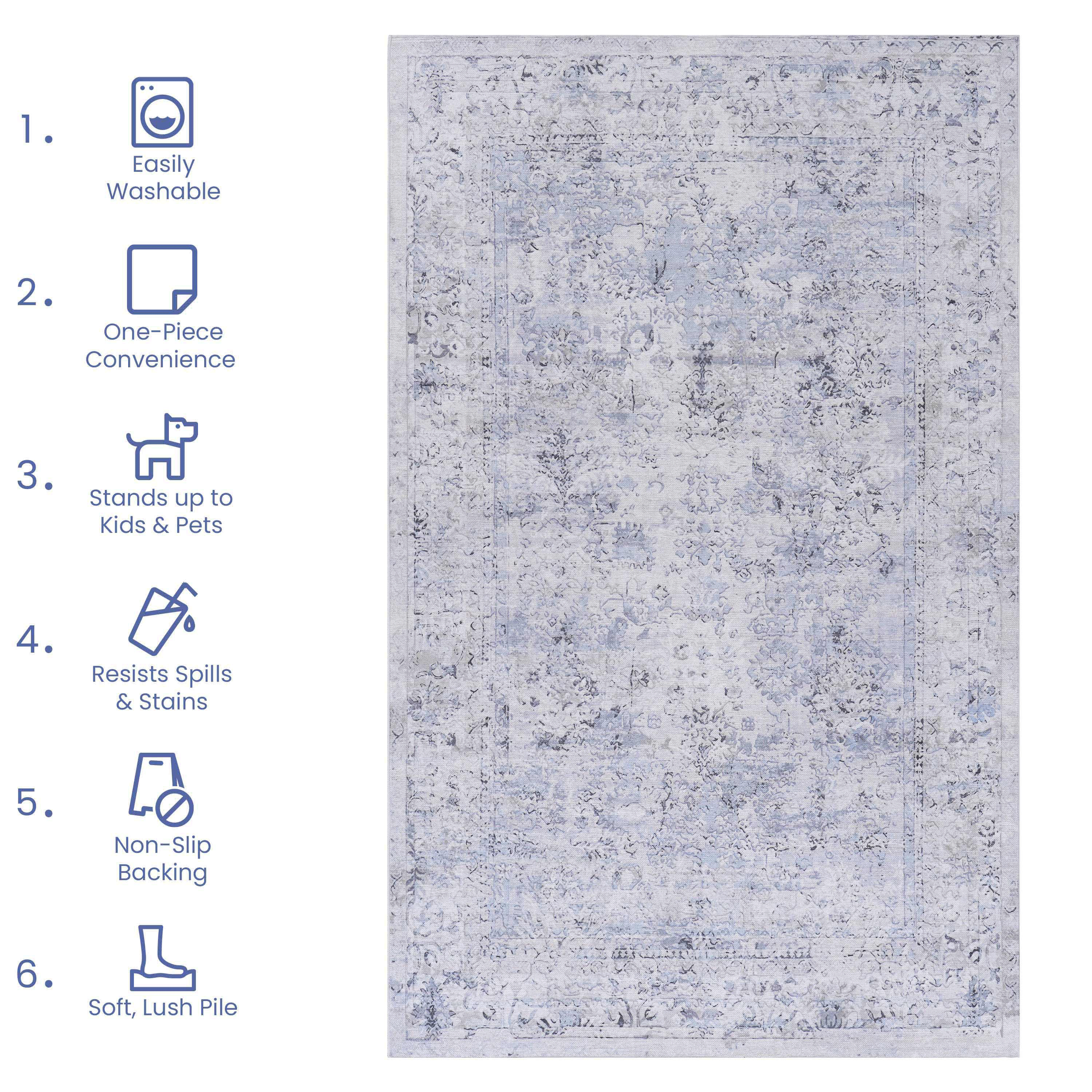 MAVAL Blue Washable Area Rug 9x12 | Soft Chenille Boho Style Rug for Living Room, Bedroom, Hallway | Stain-Resistant, Non-Slip, Low Pile | Easy Clean, Pet Friendly | Blue & Cream