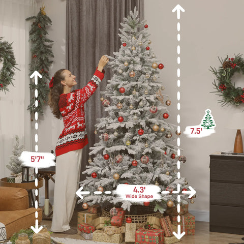 7.5ft Frosted Spruce Christmas Tree: Realistic Snow-Dusted Full Shape, 1762 Dense Branches, Hinged Auto-Open for Easy Assembly, Fire-Retardant, Stable Metal Stand for Home &amp; Holiday Decor