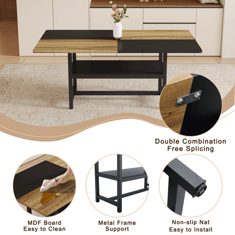 71" Wooden &amp; Black Spliced Dining Table Set with 8 Light Gray Linen Chairs - 30"H Table w/ Storage Shelf, Ergonomic Cushions for Dining Room, Kitchen &amp; Parties