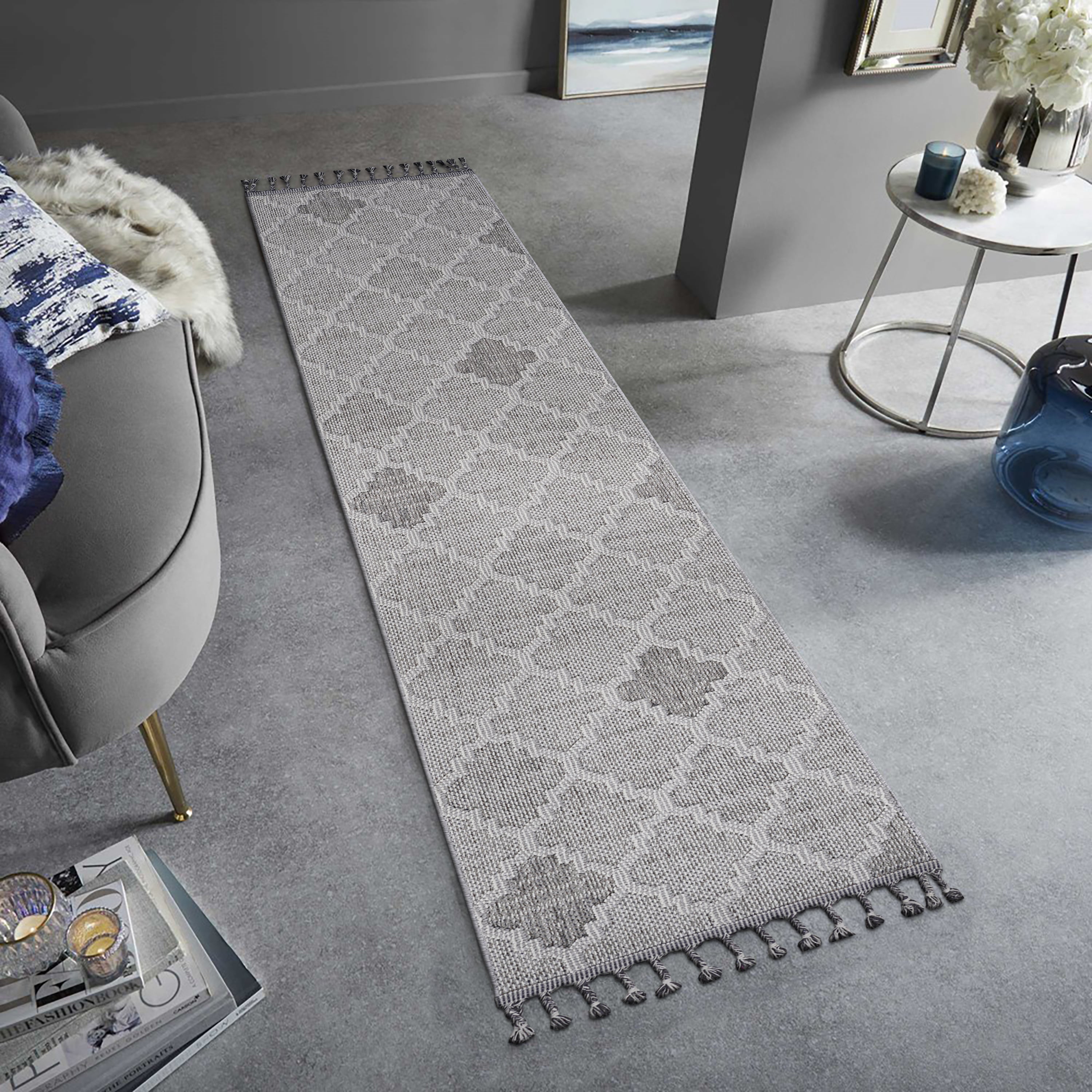 Guros Collection 2'x8' Runner Rug - White/Grey Trellis - Stain-Resistant Polypropylene for Indoor/Outdoor Entryway, Hallway, Living Room, Kitchen, Patio - Durable, Easy Care, Kid & Pet Friendly