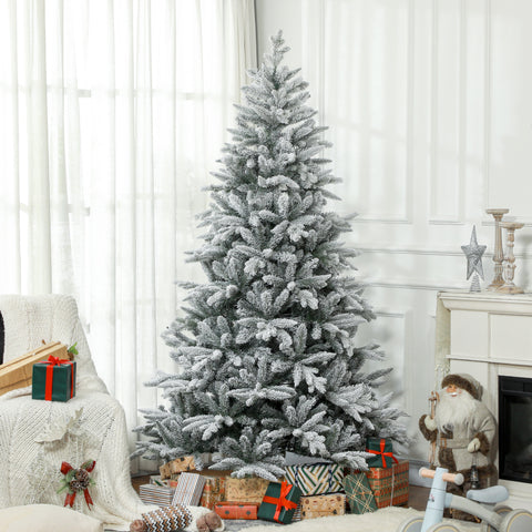 HOMCOM 7ft Snow Flocked Artificial Christmas Tree | 1401 Tips, Hinged Green Xmas Tree for Home & Office Decor | Easy Assembly, Flame Retardant, Stable Metal Stand
