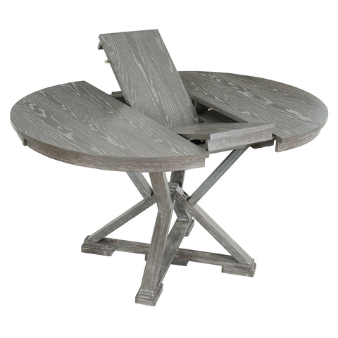 TREXM 5-Piece Extendable Round Dining Table Set for 4 - Vintage Grey Rubberwood & Linen Upholstered Chairs - 42"-54" Oval/Round Table for Kitchen, Dining Room, Living Room